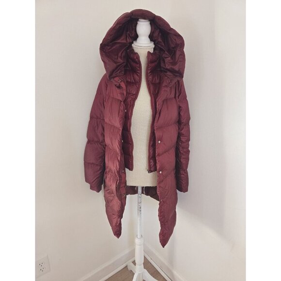 Athleta Lofty Goose Down Hooded Maple Burgundy Red Puffer Coat Zip Snap XS - Picture 3 of 16